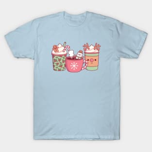 Cute Christmas Coffee Drinks Gingerbread Man, Snowman And Reindeer T-Shirt